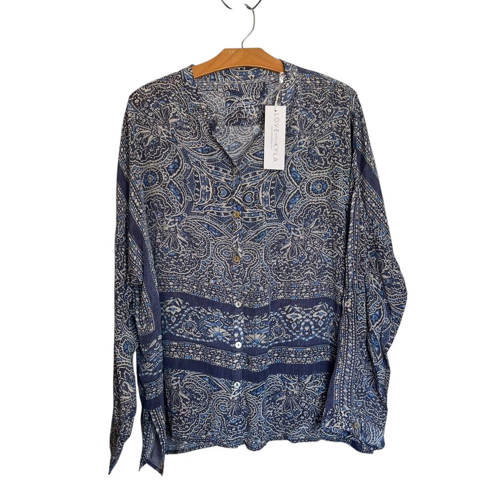 NWT Love Kyla Caite Brenna Tile Print Button Down Blouse Paisley Blue Tunic Boho